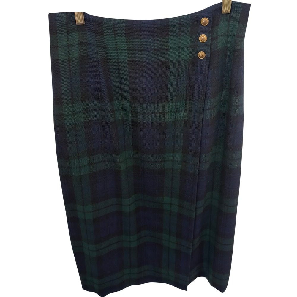 Lauren Ralph Lauren Vintage Black Watch Wool Skirt Crest Buttons Made in USA 12